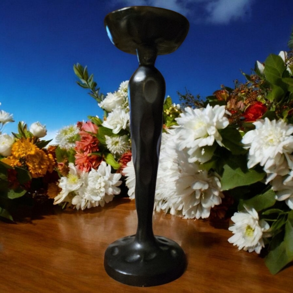 1 Vtg Tall Metal Wood Look Pillar Candle Holder Glossy Black Dot Thumbprint 14"